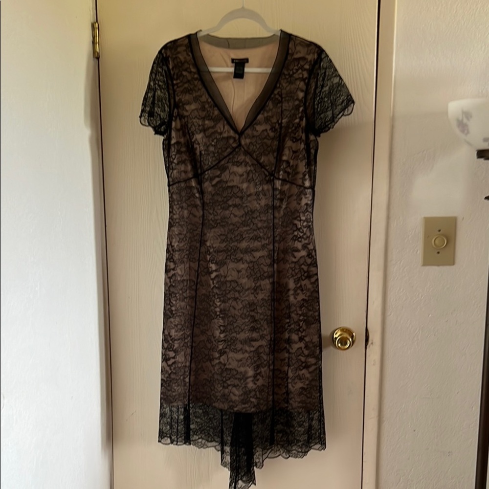 BCBGMaxAzria Black and Tan Flutter Sleeve Cocktail Dress